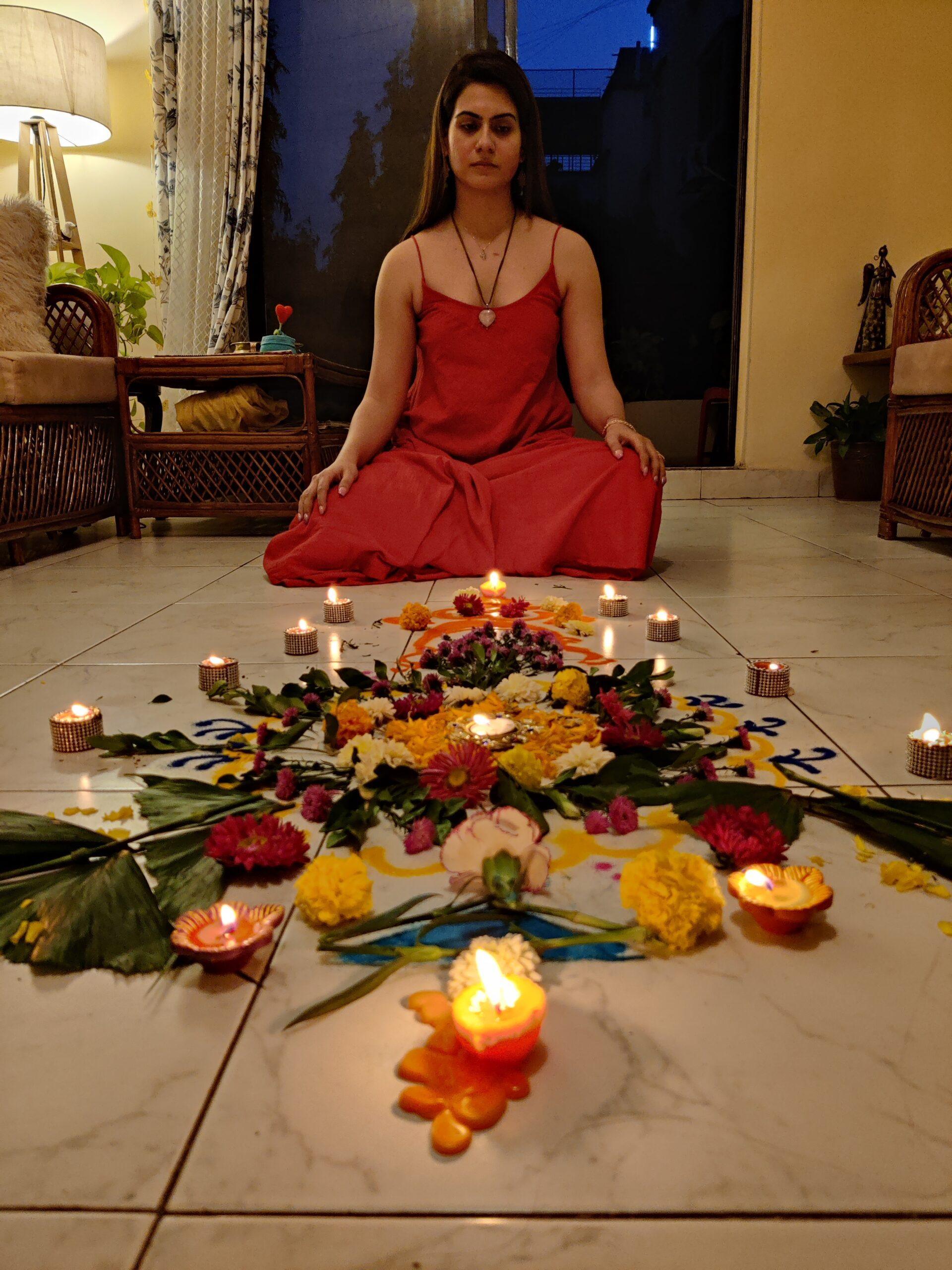 Alter created with all the natural nature elements for the sacred fire at the 11:11 opening, on the auspicious occasion of Diwali.